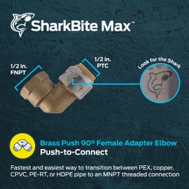SharkBite Max 1/2 Inch x 1/2 Inch 90 Degree Female Adapter Elbow, Push to Connect Brass Plumbing Fitting, PEX Pipe, Copper, CPVC, PE-RT, HDPE, UR308A