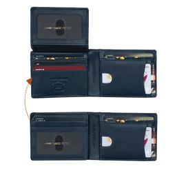 Marc Peter Airtag Wallet – Minimalist Front Pocket RFID Blocking Mens Wallet Full Grain Leather, Bifold AirTag Holder with 2 ID Window up to 14 Cards and Gift Box, Navy, Airtag Wallet