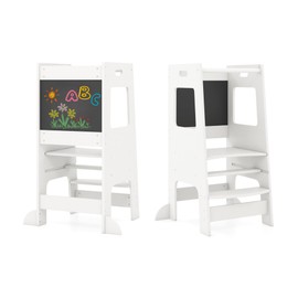 CHEFJOY Toddler Tower, Height Adjustable Learning Standing Tower w/Safety Rail & Blackboard, Montessori Wooden Toddler Kitchen Stool Helper for Bathroom, Ages 18 Months to 6 Years (White)