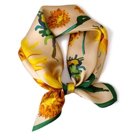 PoeticEHome 100% Real Mulberry Silk Women Small Square Neck Scarfs 21 inch Lightweight Neckerchief Printed Headscarf Gift Packed (V1 - Golden Chrysanthemum)