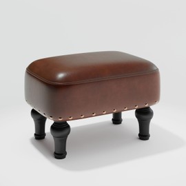 Ottoman Leather Foot Rest with Thicker Foam Padded Seat, Footstool with Wooden Legs (Brown)