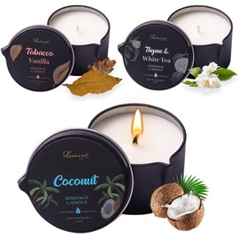 Paquete de 3 velas de aceite de coco, aceite hidratante diario, aceite corporal relajante, aceite de terapia natural, vela perfumada, 7 onzas (coco, tabaco, vainilla, tomillo y té blanco)