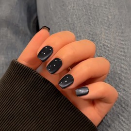 KQueenest Cat Eye Press on Nails Short, 30 Pcs Glass Black Press on Nails Square, Acrylic Fake Nails Press on Short, Sparkly Chrome Design, Reusable Soft Gel Glue on Nails for Women Halloween