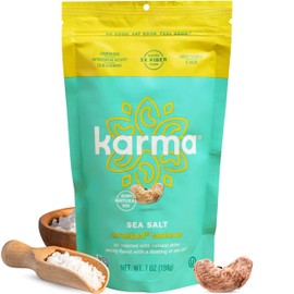 Sea Salt Wrapped Whole Cashews by Karma Nuts, Air Roasted with Natural Skins, 2X more Fiber, Whole 30, Peanut-Free Facility, Kosher, Everyday Nut Snack, 7oz Resealable Bag - 6 pack