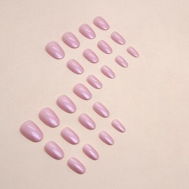 JUSTOTRY 24 Pcs Aurora Almond Short False Nails Pattern,Pink Solid Press on Nails,Glossy Chrome Fake Nails Medium for Nails Art,French Oval Stick on Nails for Women Gifts