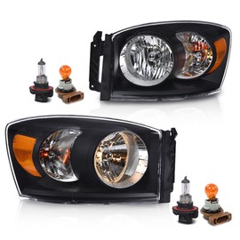 GRAND ORANGE Headlights with Bulbs Compatible with Dodge Ram 1500 Truck 2006-2008/Fits Dodge Ram 2500 3500 Truck 2006-2009 Left and Right Side Clear Lens Black Housing Amber Reflector