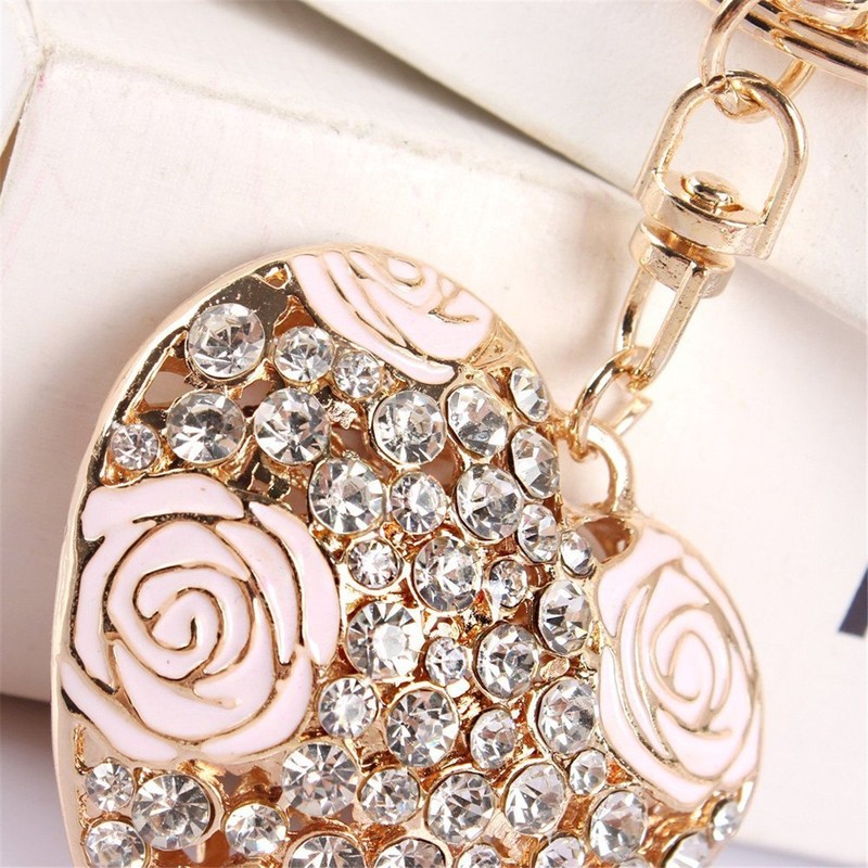 Love Heart Rose Flower Crystal Charm Pendant Purse Bag Key