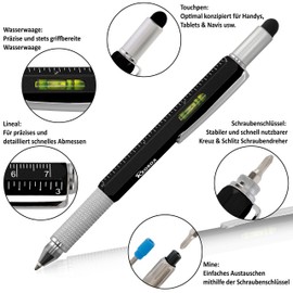 Reorda® Multifunctional Pen in Black, Exceptional Gift for Men, Practical 6-in-1 Multi Ballpoint Pen as a Reliable Tool Gadget for Engineers, Craftsmen