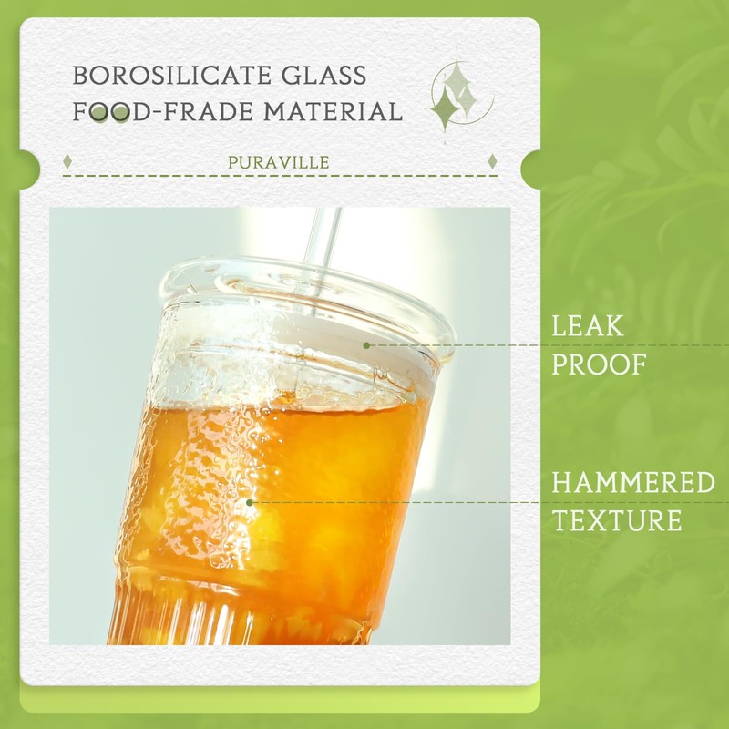 Puraville 20oz Glass Cups with Lids and Straws, 2 Pack