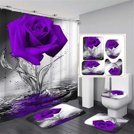 Purple Rose Bathroom Set with Shower Curtain and Non-Slip Rugs, Bath Mat, Toilet Lid Cover and 12 Strong Hooks, Modern Style