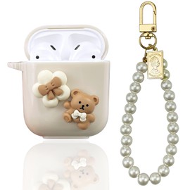 AIIEKZ Cute Kawaii AirPods Case Cover, Lovely Flower Bear Design Smooth Soft Protective Cover for AirPods 1&2 Generation Case with Pearl Chain for Girls Women (Airpods 1/2)
