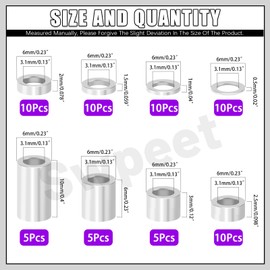Swpeet 65Pcs 8 Sizes M3 Aluminum Spacer Assortment Kit, 3.1×6mm(ID×OD) Silver Aluminum Standoff Column Spacer, Round Spacer Unthreaded Standoff Bushing Plain Finish, Length 0.5/1/1.5/2/2.5/3/6/10mm
