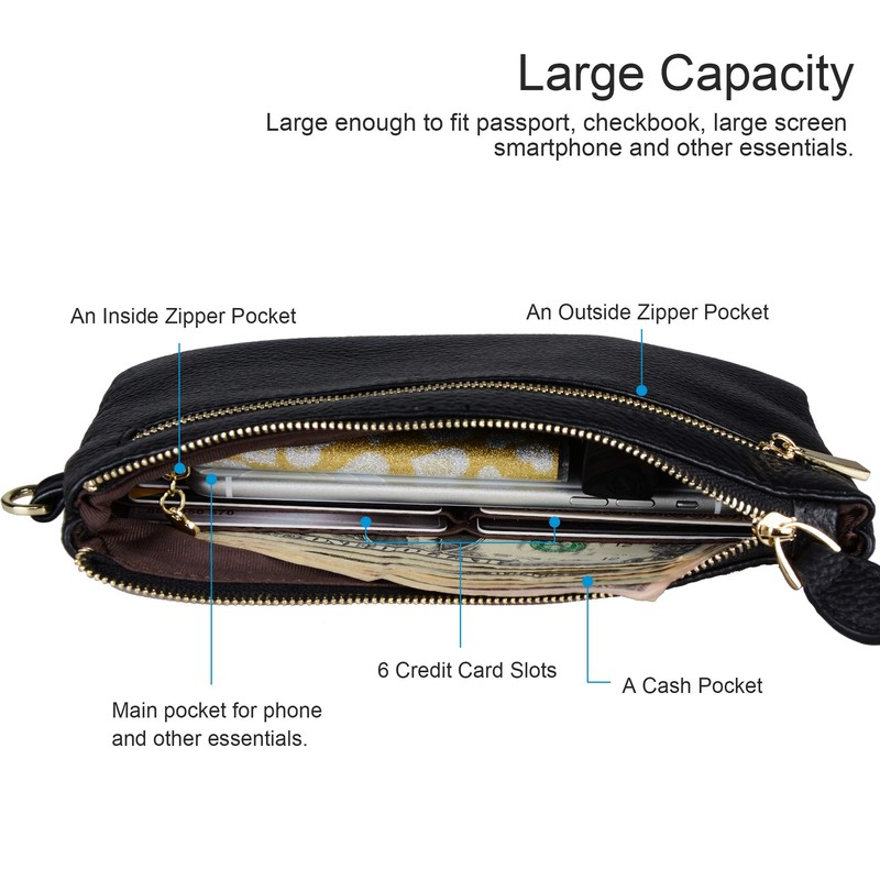befen Black Genuine Leather Wristlet Clutch RFID Blocking Bag Cell