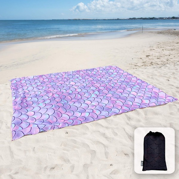 Sunlit Silky Soft Beach Blanket Sand Proof Mat with Corner Pockets 215x183cm Mesh Bag, Beach Party, Travel, Camping and Outdoor Music Festival, Mermaid Scale, Purple Lavendar