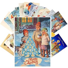 PIXILUV Vintage Postcards (24 pcs 4"x6" each) Children Signing Carols and Playing in the Snow Vintage Christmas Postcards Retro Greeting Card Poster Reprint