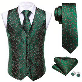 Barry.Wang Mens Christmas Vest Green Xmas Candy Cane Holiday Funny Suit Waistcoat Tie Set Festival Party