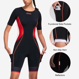 Santic Triathlon Suit for Women Short Sleeve Padded Trisuit Quick-Dry for Swim Bike Run,Red,M