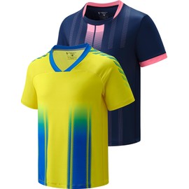 2 Pack Boys' Soccer Jerseys, Dry Fit Athletic Short Sleeve T-Shirts for Youth Kids, Performance Tops Activewear (Set 2, Large) Yellow/Navy