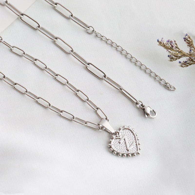 Layered Initial Necklaces for Women Paperclip Chain Necklace Silver Heart