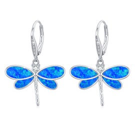 Dragonfly Earrings 925 Sterling Silver Blue Opal Hoop Dragonfly Earrings Dangle Drop Earrings Dragonfly Leverback Earrings Dragonfly Jewelry Gifts for Women