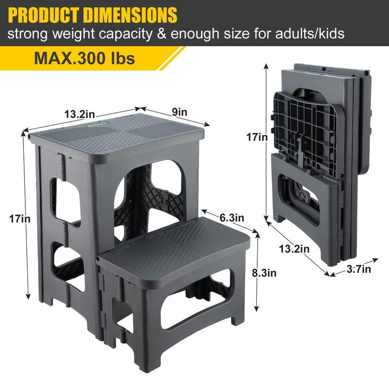 Folding 2-Step Stool for Adults Kids Non-Slip Collapsible Portable Step
