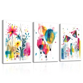 Zeredi Matisse Modern Minimalist Wall Art – Minimalist Floret, Hot Air Balloons, Colored Kite Canvas Painting Prints for Children’s Room Nursery Wall Decor Framed 12"x16" Set of 3