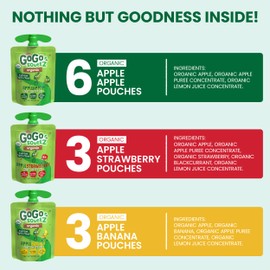 GoGo SqueeZ GoGo squeeZ Organic Applesauce and Fruit Puree, Variety Pack, Apple, Strawberry & Banana, 3.2 oz (Pack of 12), Unsweetened Organic Fruit Snacks for Kids, No Gluten, Nut & Dairy, BPA Free Pouches