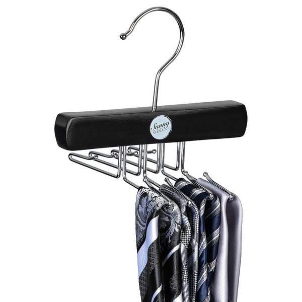 SUNNY SUNDAY ® Wooden Clothes Hanger, Tie Holder, Cupboard Organiser Storage for Ties, Scarves, Cloths, Space-Saving (Black)