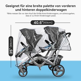 bemece Universal Rain Cover for Twin Pushchairs, Rain Cover for Twins, Pushchair, Buggy, Rainproof, Dustproof, Windproof for Outdoor Baby Protection - Front Rear