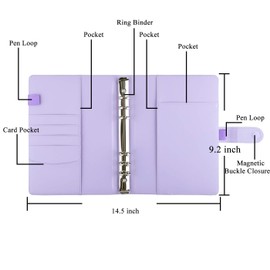 Antner A5 PU Leather Binder 6-Ring Notebook Binder Cover for A5 Filler Paper, Refillable Personal Planner Budget with Magnetic Buckle Closure, Purple