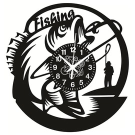 Instant Karma Clocks | Fishing Wall Clock with Fisherman and Big Catch Silhouette – Wall Decoration – Home Office Silent Non-Ticking
