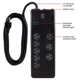 Power Gear 8 Outlet Power Strip Surge Protector, 7 Ft Extension Cord, 2100 Joules, Twist-to-Close Safety Outlet Covers, 3 Adapter-Spaced Outlets, On/Off Switch, Automatic Shutdown, Black, 12996