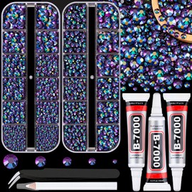 Resin Jelly Rhinestones for Crafting with B7000 Jewelry Glue, 2 Boxes Purplish Black AB Flatback Crystals with 3Pcs 10ml Glue, Bedazzling Non Hotfix Gems for DIY Tumblers Clothing Shoes Manicure