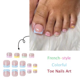 Colorful Press on Toenails French Tip Fake Toenails Glossy False Toe Nails Short Square Glue on Toenails Reusable Artificial Acrylic Full Cover tick on Toes for Women Girls Manicure 24 Pcs