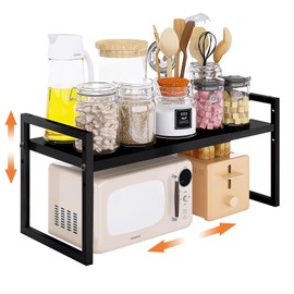DOLALIKE Expandable Kitchen Countertop Organizer, Stackable Cabinet Shelf Organizers, Space Saving Spice Rack Pantry Storage for Bathroom Office Organization (Black, 1 Pack)