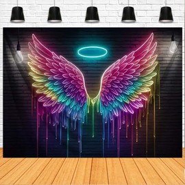Glowing Fluorescent Angel Wings Wall Art Backdrop Colorful Angel Wings Backdrops Colorful Wings Backdrop Rainbow Angel Wings Background for Birthday Wedding Graduation Party Decor Banner(Red, 7x5feet)