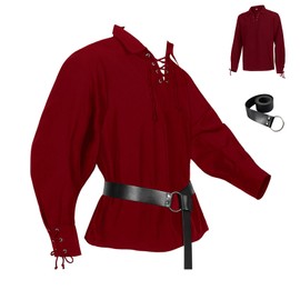 Men's Medieval Pirate Shirts Beach Hippie Renaissance Long Sleeve Costume Viking Mercenary Cosplay(with Belt) Red