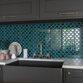 CRE8TIVE Dark Green Fish Scale Peel and Stick Backsplash for Kitchen, Bathroom, Shower - 4 Sheets, 12"x12", Waterproof, Self-Adhesive, 3D Shell Tile Stickers