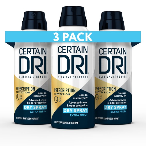 Certain Dri Prescription Strength Clinical Antiperspirant Deodorant Dry Spray for Men and Women, Fast Acting Protection from Excessive Sweating, 4.2 oz, 3 Pack