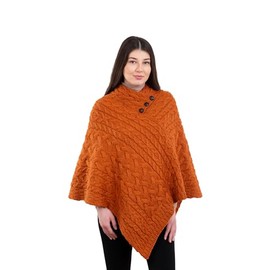 ARAN ISLE Ladies Poncho 100% Virgin Wool Aran Cable Knit Shawl Neck with Buttons Sweater (US, Alpha, Large, X-Large, Regular, Regular, Savanna)