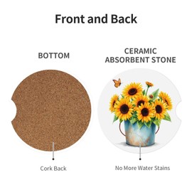 Neukim 2 Pack Yellow Sunflower Butterfly Car Cup Holder Coasters, 2.56 Inch Watercolor Anti Slip Ceramic Absorbent Coaster with Cork Base and Finger Notch Car Accessories Interior for Women & Men