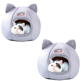 NPET Cat Beds for Indoor Cats, Cat Bed Cave with Removable Washable Cushioned Pillow, Soft Plush Premium Cotton No Deformation Pet Bed, Cat Ear House Design, Multiple Sizes Grey, L-2pcs
