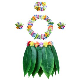 PIXHOTUL Leaf Hula Skirt and Hibiscus Leis Set Hawaiian Costumes for Beach Luau Party (Color 1)