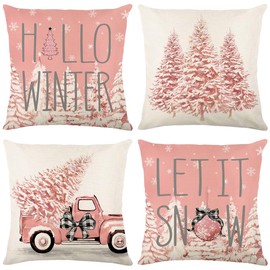 LITIVY Christmas Pillow Covers Set of 4 for Christmas Decor Xmas Decorative Pillowcase Winter Holiday Throw Cushion Case for Home (Pickup Christmas Tree) (Pink, 18"x18")