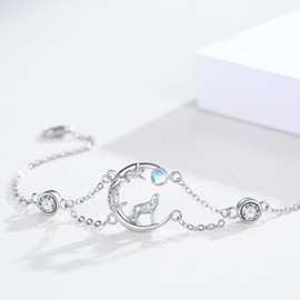 Wolf Bracelet 925 Sterling Silver Moonstone Crescent Moon Adjustable Bracelet for Women Animal Bracelet Howling Wolf Jewelry for Women