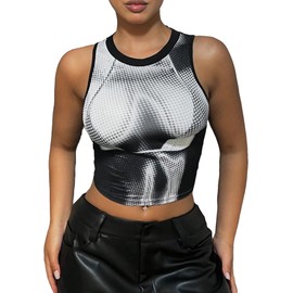 SOLY HUX Women's Y2k Graphic Print Crop Tank Top Sleeveless Round Neck Tops Black and White Print S