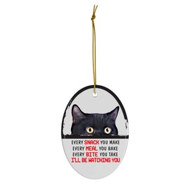 Every Snack You Make I'll Be Watching You Black British Shorthair Cat Christmas Ornament - Funny White Oval Ceramic Decoration Gifts for Cat Lovers