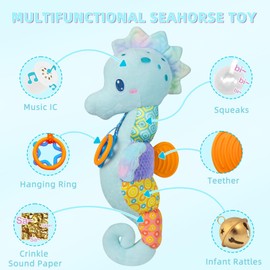 Baby Toys 0-6 Months,Infant Musical Seahorse Stuffed Animals Sensory Toys with Bright Colors,Multiple Textures,Rattles & Crinkle Sound Paper,Soft Tummy Time Toy for Newborn Boys Girls 0-12 Months-Blue