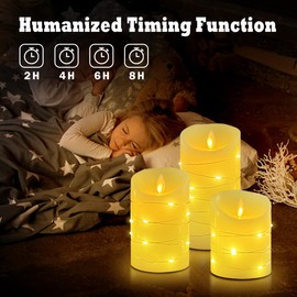 LEDHOLYT Rechargeable Flameless Candle Set, Flickering LED Pillar Fake Candle with embedded star string, Remote Control and Timer, Oscillating Wick Electronic Candle, Set of 3.White