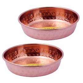SHIV SHAKTI ARTS Handmade Set of 2 Pure Copper Halwa Plate Rice Plate Puding Plate Hammered Design with Flat Base Volume=100 ml Each